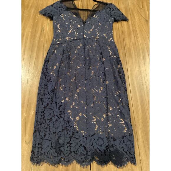 Rene Ruiz illusion Lace Mesh Evening sheath Knee short sleeve Dress Navy Blue 8 - Picture 6 of 14